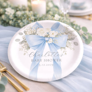Blue Bow Floral Baby Boy Shower Paper Plates