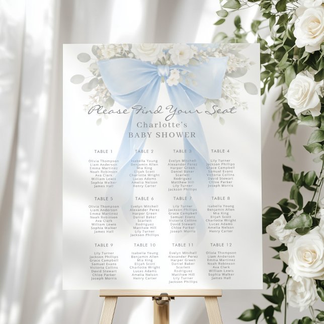 Blue Bow Floral Baby Boy Shower Seating Chart Foam Board (Creator Uploaded)