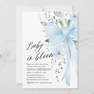 Blue Bow Floral Baby in Bloom Boy Baby Shower Invitation