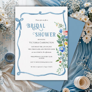 Blue Bow Floral Bridal Shower Invitation