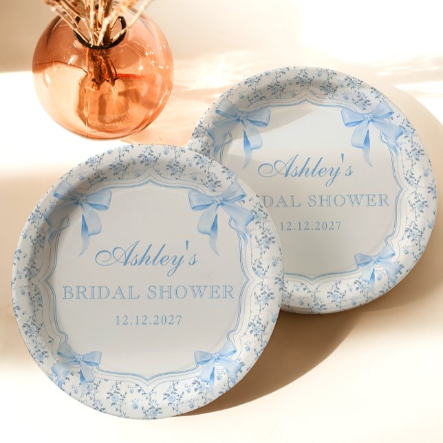 Blue Bow Floral Bridal Shower Paper Plates (Creator Uploaded)
