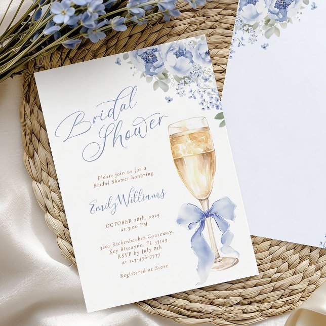 Blue Bow Floral Champagne Bridal Shower Invitation (Creator Uploaded)