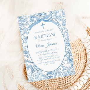 Blue Bow Floral Chinoiserie Baptism Invitation