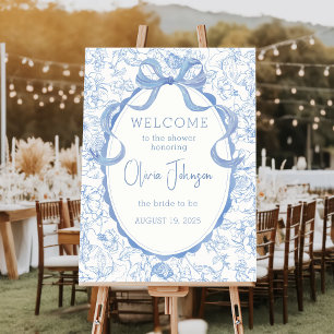 Blue Bow Floral Chinoiserie Bridal Shower Welcome Foam Board