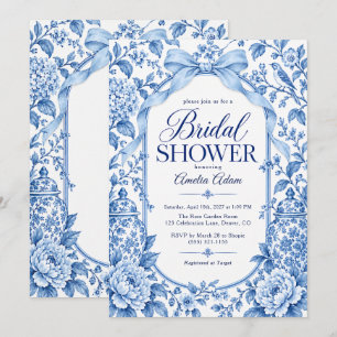 Blue Bow Floral Chinoiserie Elegant Bridal Shower Invitation