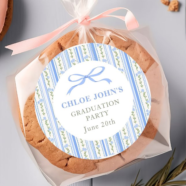 Blue Bow Floral Graduation Classic Round Sticker (Creator Uploaded)