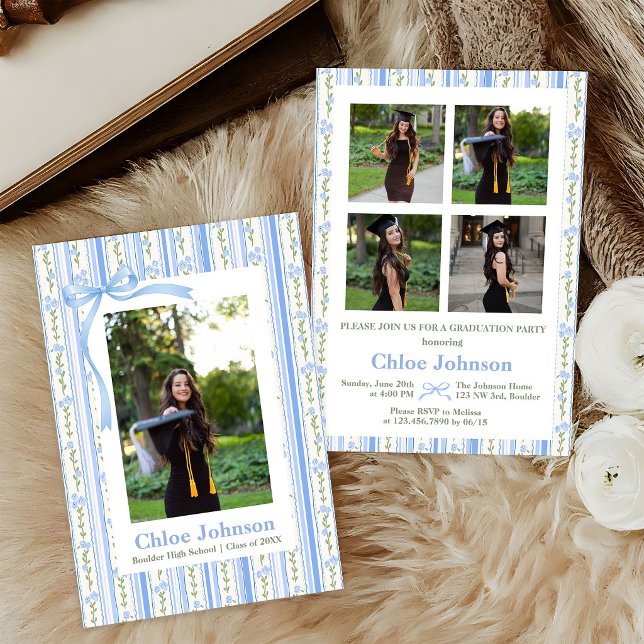Blue Bow Floral Graduation Invitation (Creator Uploaded)