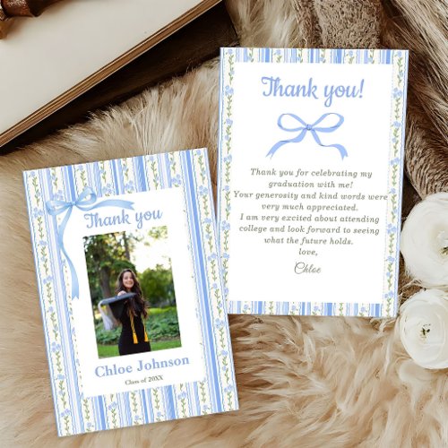 Blue Bow Floral Graduation Thank You Card