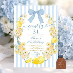 Blue Bow Floral Lemon Freshly 21 Birthday Invitation