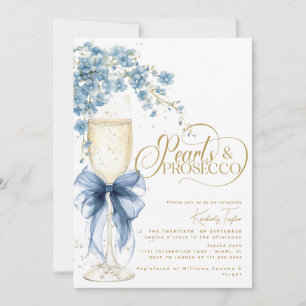 Blue Bow Floral Pearls & Prosecco Bridal Shower Invitation