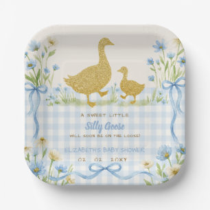 Blue Bow Floral Silly Goose Boy Baby Shower Paper Plates