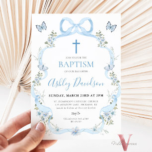 Blue Bow Floral Wildflower Baptism Christening Invitation