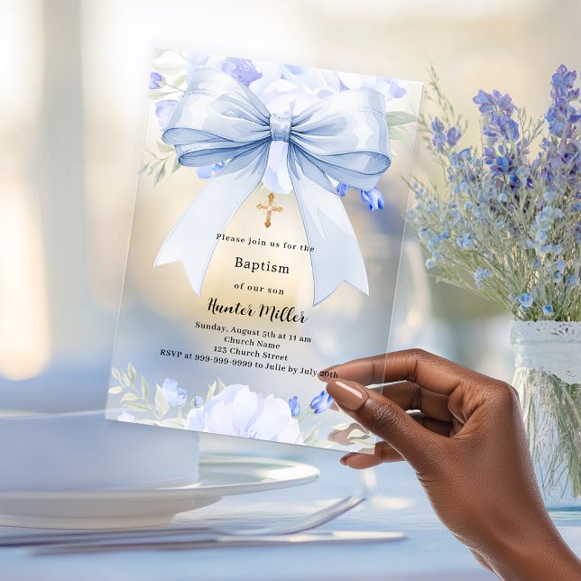 Blue bow florals boy clear Baptism Acrylic Invitations (Creator Uploaded)