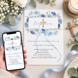 Blue bow florals boy cross baptism invitation