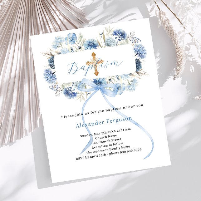 Blue bow florals boy cross baptism invitation (Creator Uploaded)