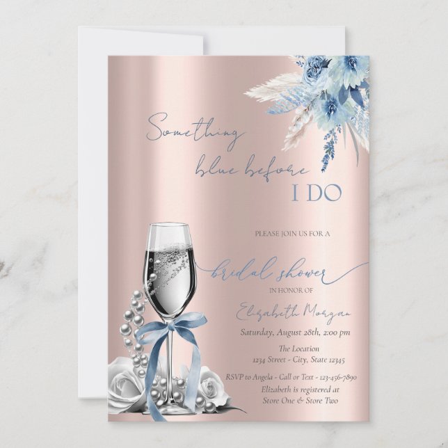  Blue Bow Flowers Pearls and Prosecco Rose Gold Invitation (Front)