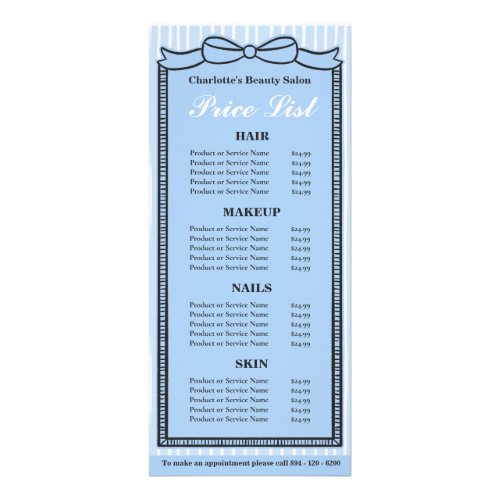 Blue Bow Frame Striped Salon Price List Card
