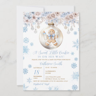 Blue Bow Gingerbread Christmas Cookies Baby Shower Invitation