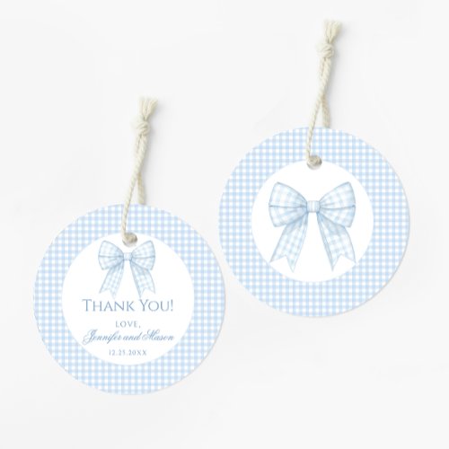 Blue bow gingham baby boy shower thank you favor tags