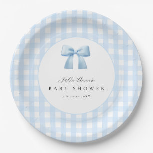 Blue Bow Gingham Baby Shower Paper Plates