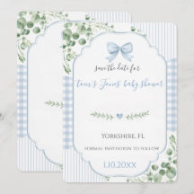 Blue Bow Gingham Baby Shower Save the Date