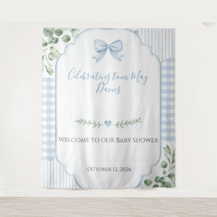 Blue Bow Gingham Greenery Baby Shower Backdrop