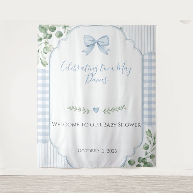 Blue Bow Gingham Greenery Baby Shower Backdrop (Front)