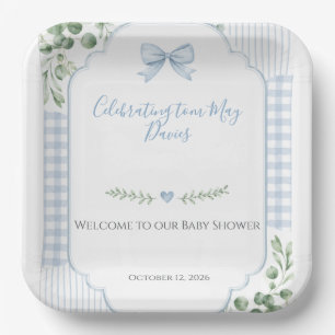 Blue Bow Gingham Greenery Baby Shower Paper Plates