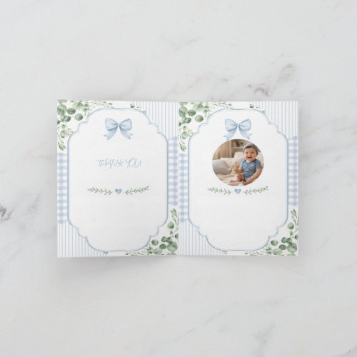 Blue Bow Gingham Greenery Baby Shower Photo  Thank You Card