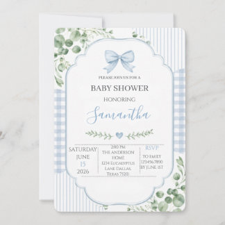 Blue Bow Gingham Greenery Boy Baby Shower Invitation