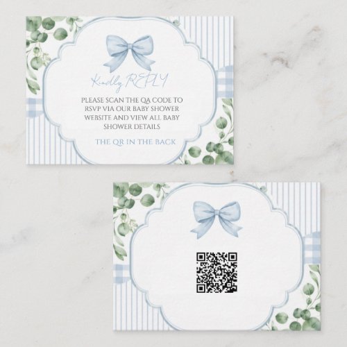 Blue Bow Gingham Greenery QR Code RSVP Note Card