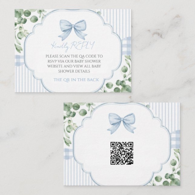 Blue Bow Gingham Greenery QR Code RSVP Note Card (Front/Back)