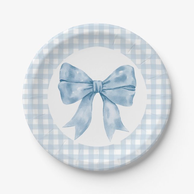 Blue Bow Gingham Paper Plate (Front)
