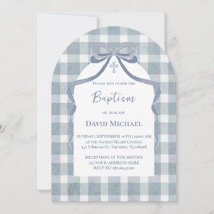 blue bow gingham pattern Baptism Invitation