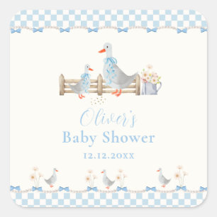 Blue Bow Gingham Preppy Silly Goose Baby Shower Square Sticker