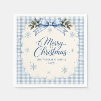 Blue Bow Gingham Teddy Bear Christmas Party Napkins