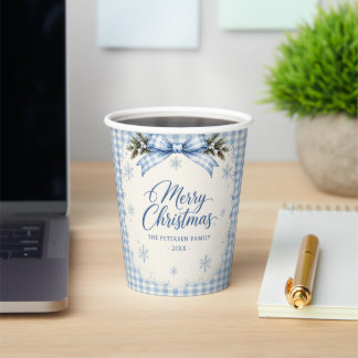 Blue Bow Gingham Teddy Bear Christmas Party Paper Cups