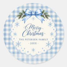 Blue Bow Gingham Teddy Bear Christmas Sticker