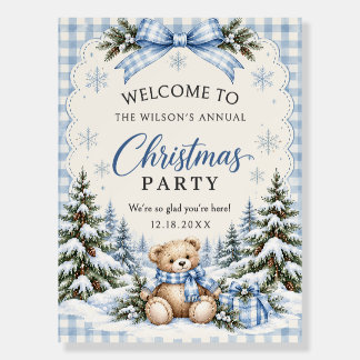 Blue Bow Gingham Teddy Bear Christmas Welcome Sign