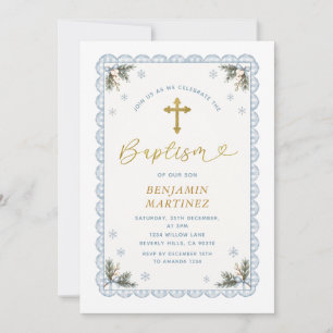 Blue Bow Gingham Winter Baptism Gold Cross Floral Invitation