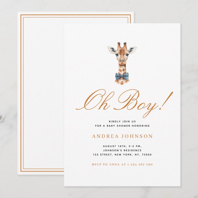 Blue Bow Giraffe Safari Theme Boy Baby Shower Invitation (Front/Back)
