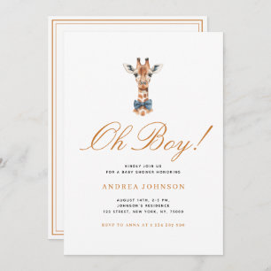 Blue Bow Giraffe Safari Theme Boy Baby Shower Invitation