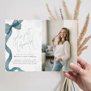 Blue Bow Girls Just Wanna be 16 Photo Birthday Invitation