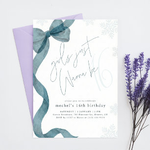 Blue Bow Girls Just Wanna Be 16 Winter Birthday Invitation