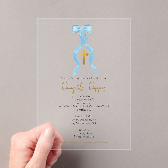 Blue Bow Greek Orthodox Christening Boy Baptism Acrylic Invitations (Insitu (Handheld))