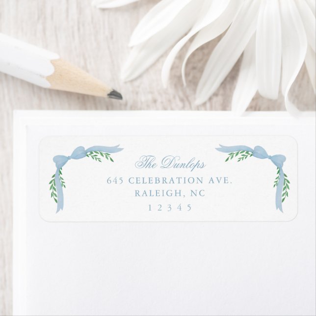 Blue Bow Greenery Boy Baby Shower Return Address Label (Insitu)