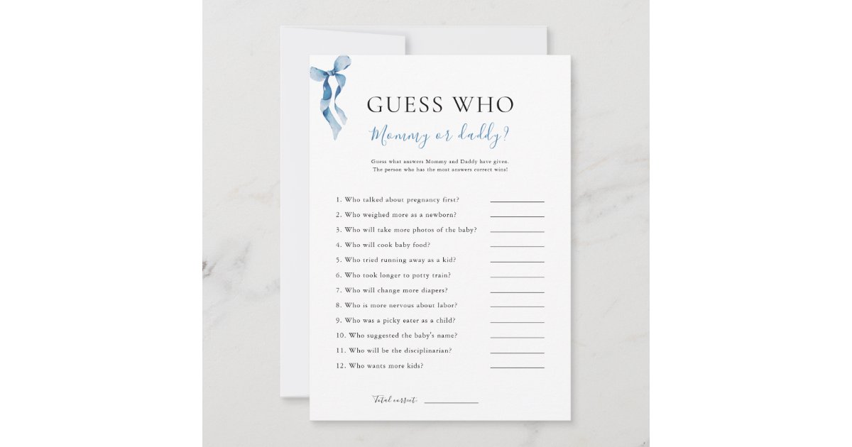 Blue Bow Guess Who Baby Shower Game Card | Zazzle
