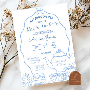 Blue Bow Hand Doodle Afternoon Tea Bridal Shower Invitation