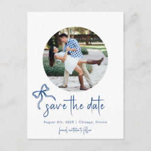 Blue Bow hand drawn save the date photo postcard
