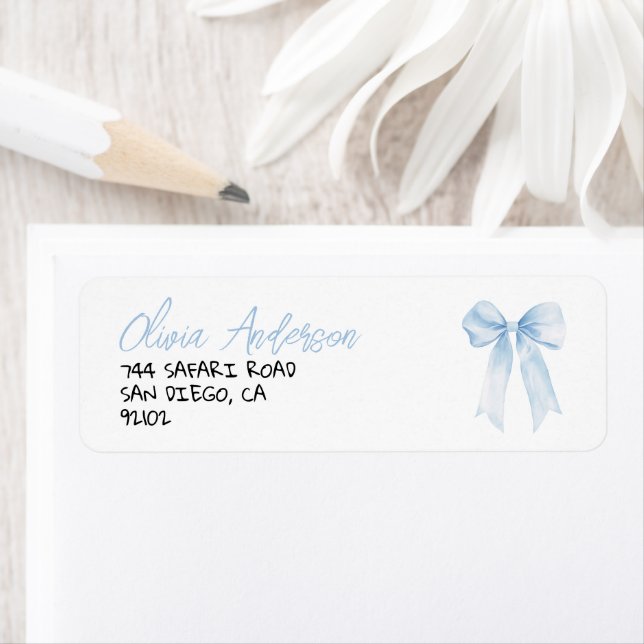 Blue Bow Hand Written Drawn Boy Baby Shower Label (Insitu)